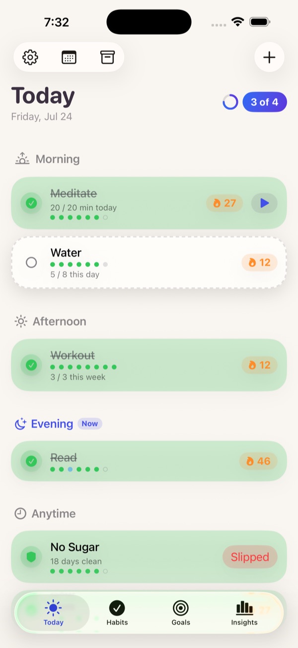 Onward Today screen showing habits grouped by morning, afternoon, and evening