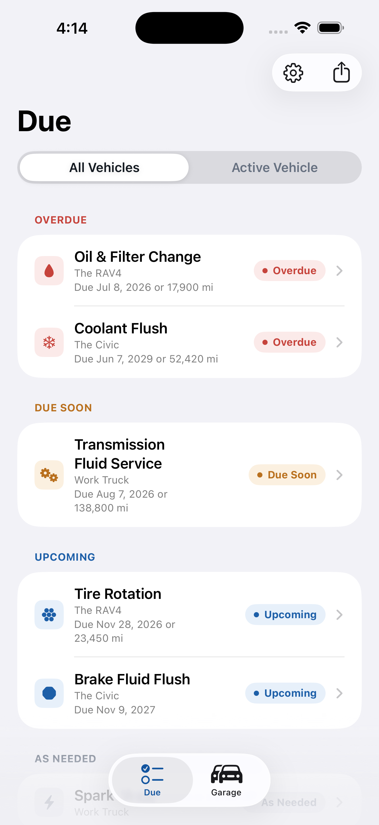 Roadworthy's Due dashboard, showing overdue, due soon, and upcoming maintenance grouped by vehicle