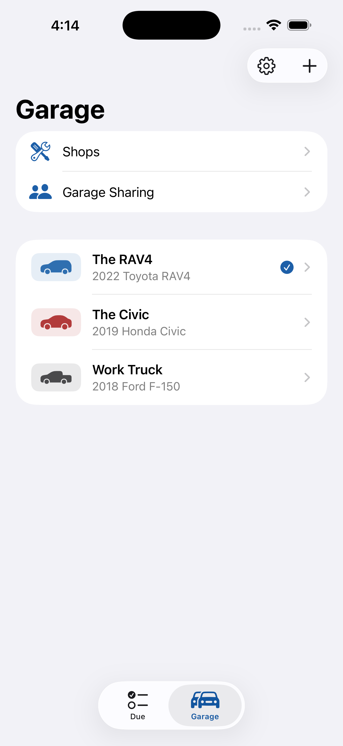 Roadworthy's Garage screen, listing every vehicle in one place
