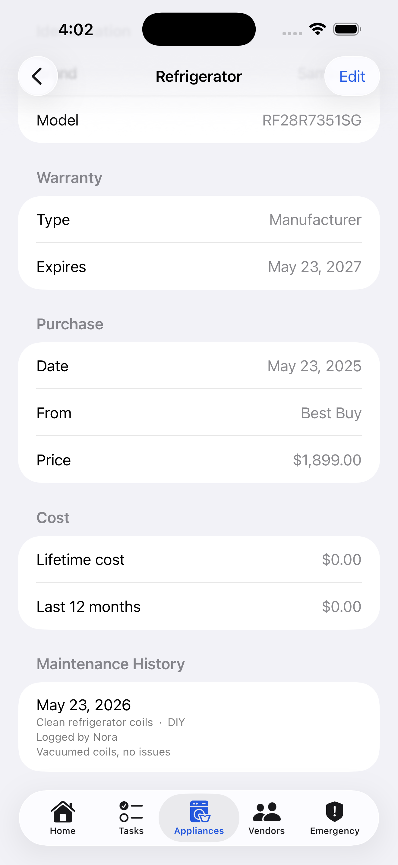 Appliance detail screen
